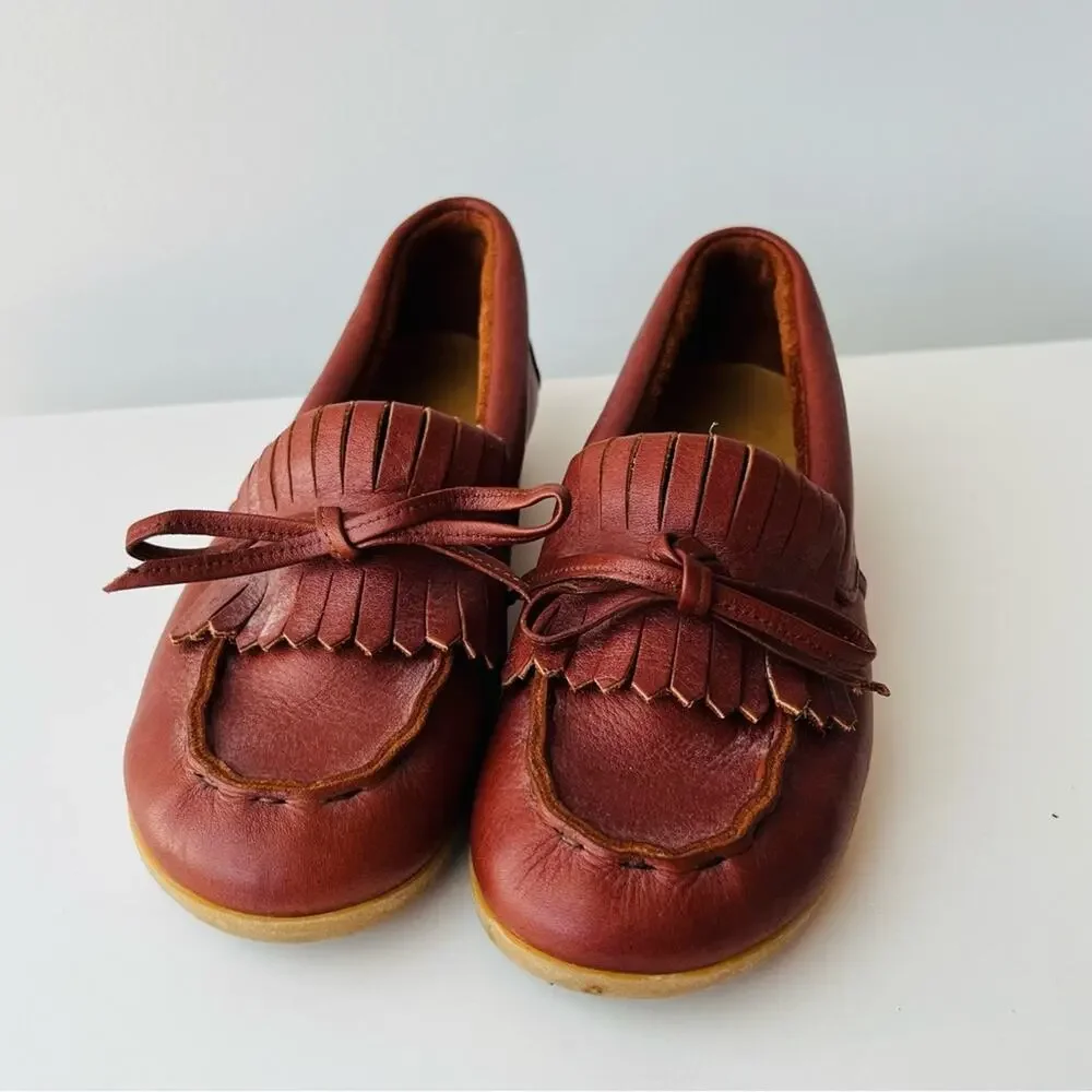 Vintage Red Brown Leather Fringe Moccasins Laced Wedge Rubber Sole Comfortable